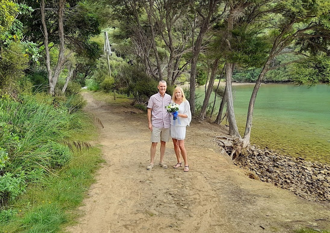 Richard and Mogsy after their wedding on the Queen Charlotte Trail near the Camp Bay Jetty