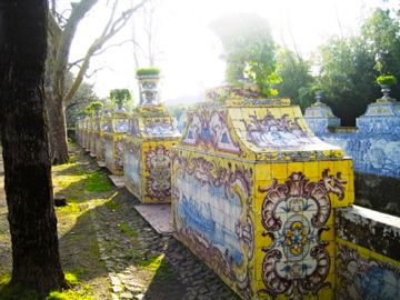 Garden walls tiled with azulejos in the gardens of the Queluz National Palace